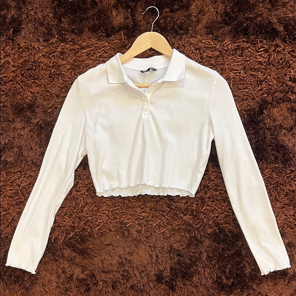 SHEIN White Long Sleeve Crop Polo Top-sz 6 - Picture 5 of 5